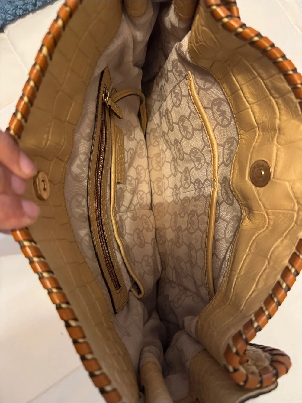 Michael Kors Tan Croc-Embossed Satchel with Woven Trim